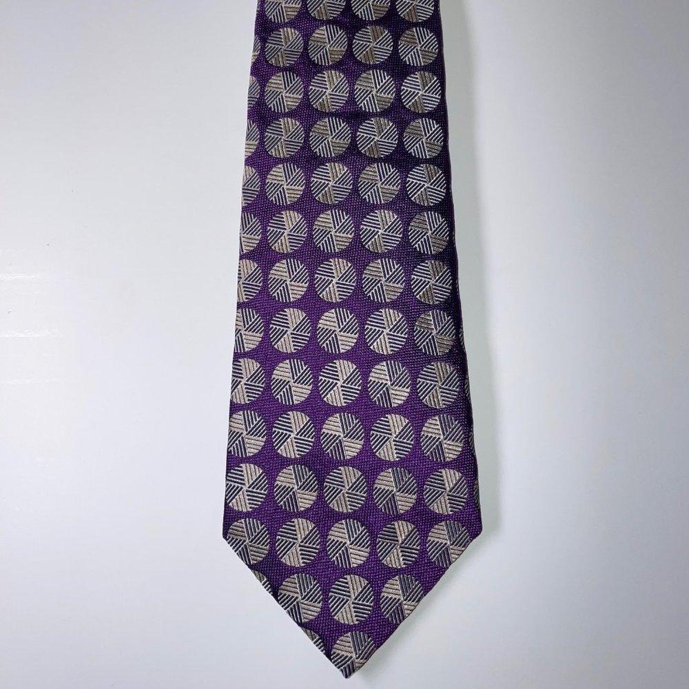 Silk Armani Collezioni Purple Narrow Tie W/Beige Jacquard Circles  - EUC